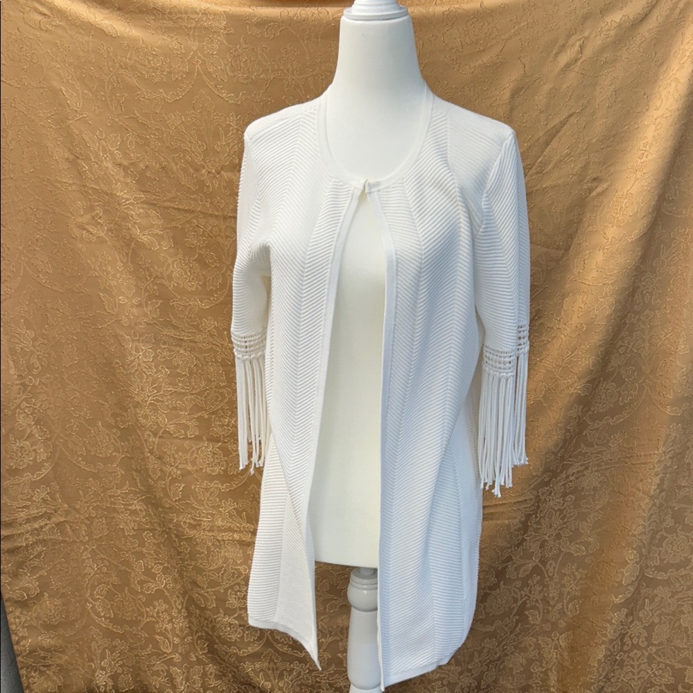 Chico's White Open-Front Cardigan with Fringe Sleeves